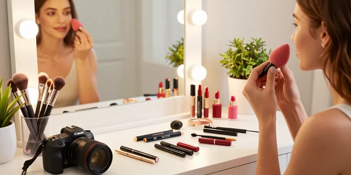 Woman using a silicone beauty blender while applying Skone Cosmetics makeup in a chic vanity setup.