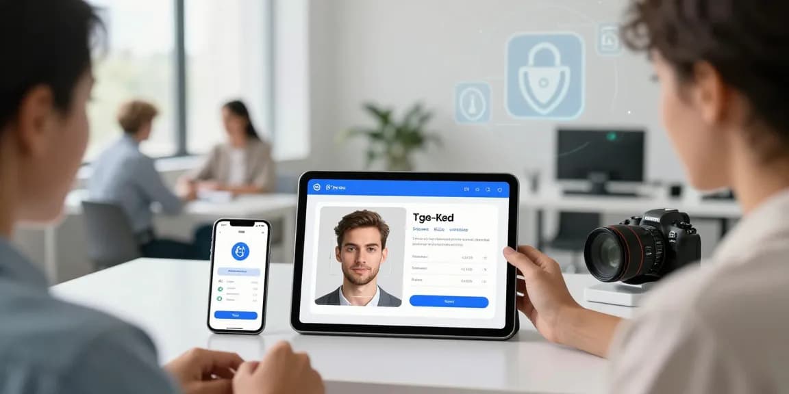Engaged user utilizing an age verification system on a tablet in an inviting office setting, focusing on privacy and compliance.