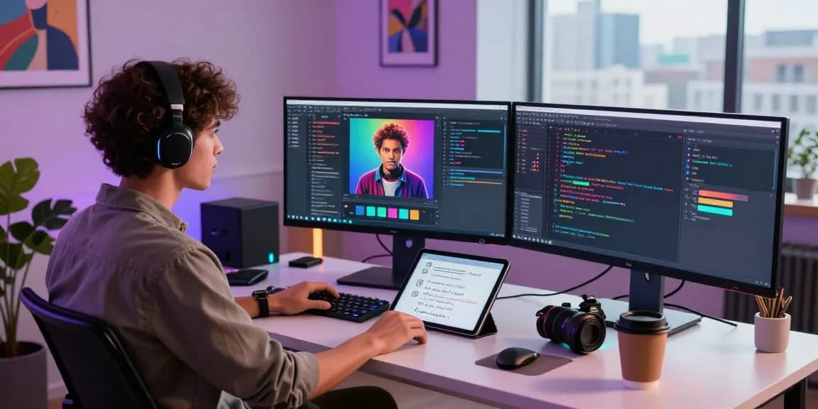 Innovative NSFW AI workspace with character creator tools, vibrant digital setup.
