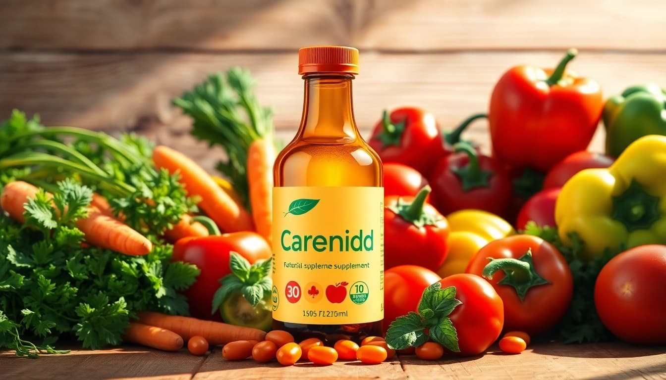 Engaging view of a natural carotenoid supplement against fresh produce, highlighting health benefits.