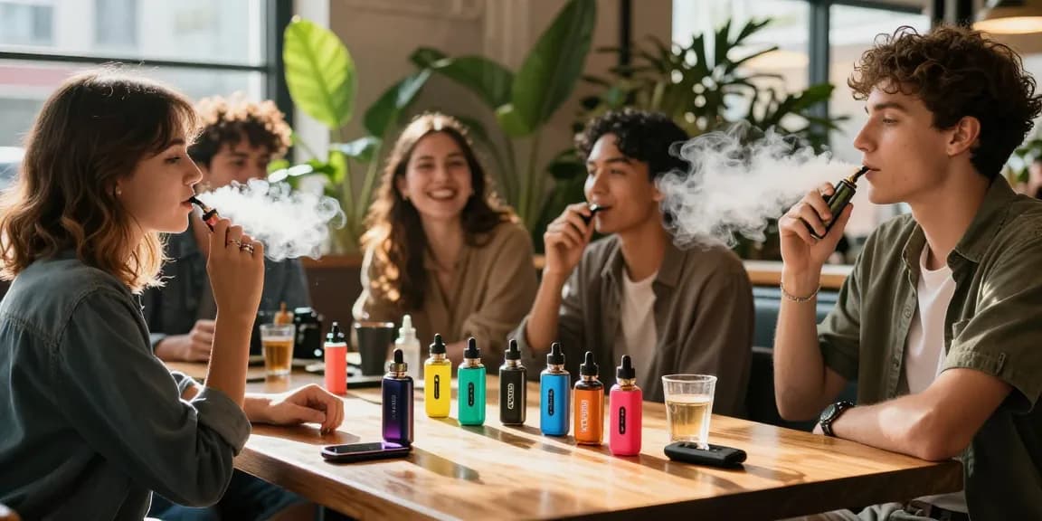 Social vaping moment featuring colorful 電子煙油 and devices in an urban café setting