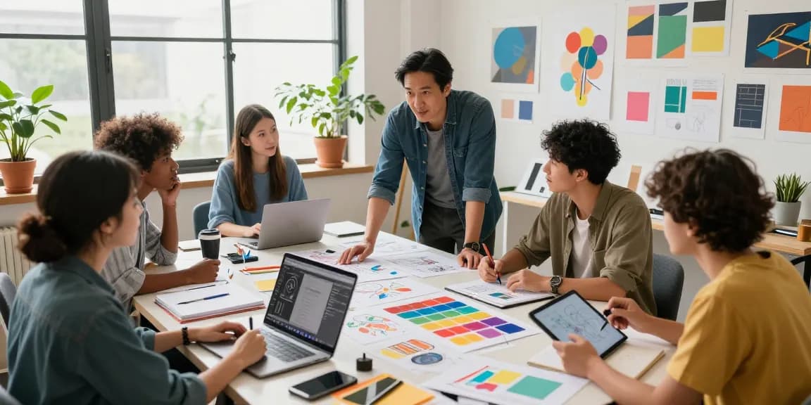 ROKOK88 mentor guiding young designers in a vibrant creative studio.