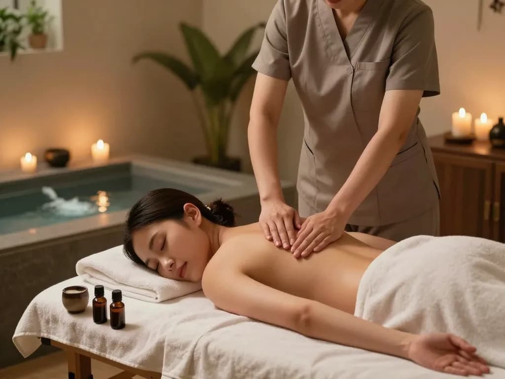 출장마사지 service being provided in a tranquil spa setting with soothing ambiance.