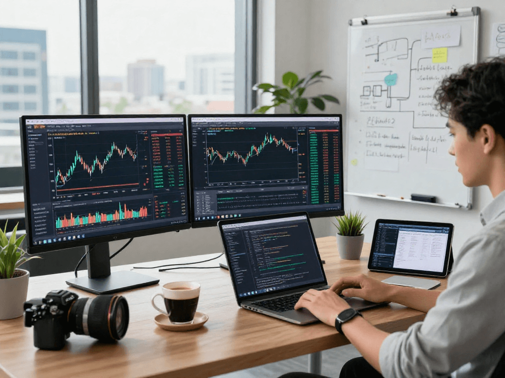 Developer utilizing Japan stock WebSocket API in a dynamic coding environment, showcasing real-time market data applications.