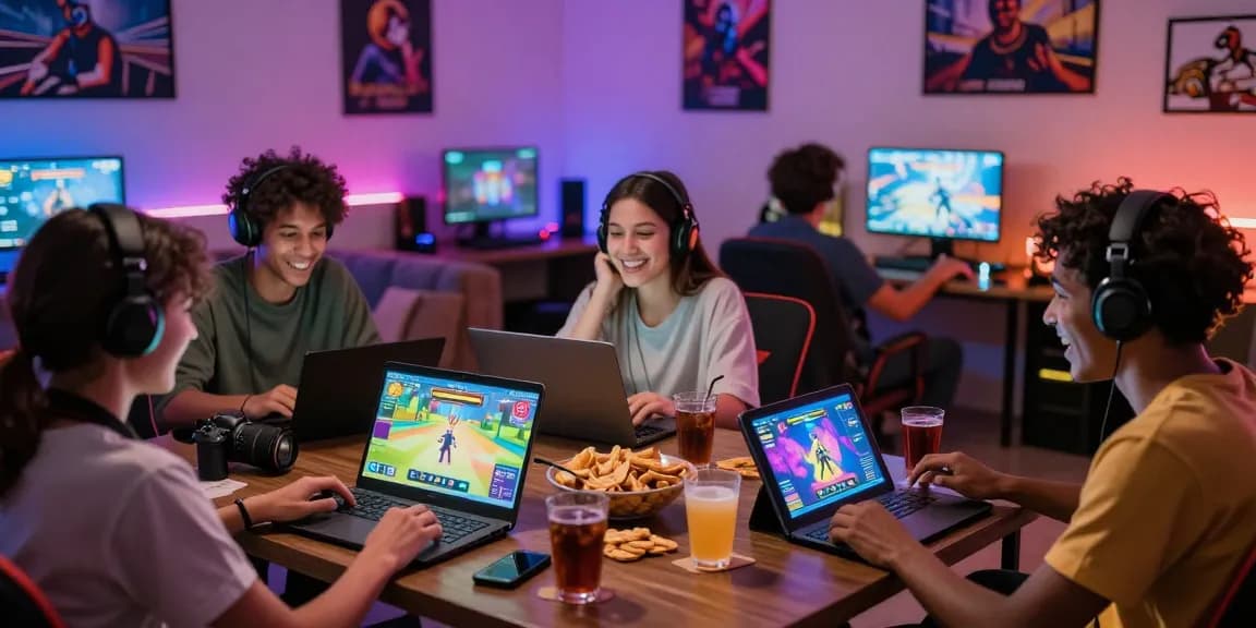Diverse friends enjoying porngames on multiple devices in a cozy gaming lounge.