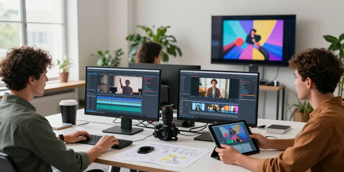 Diverse team collaborating in a creative space using ai seedance 2.0 for innovative video production.