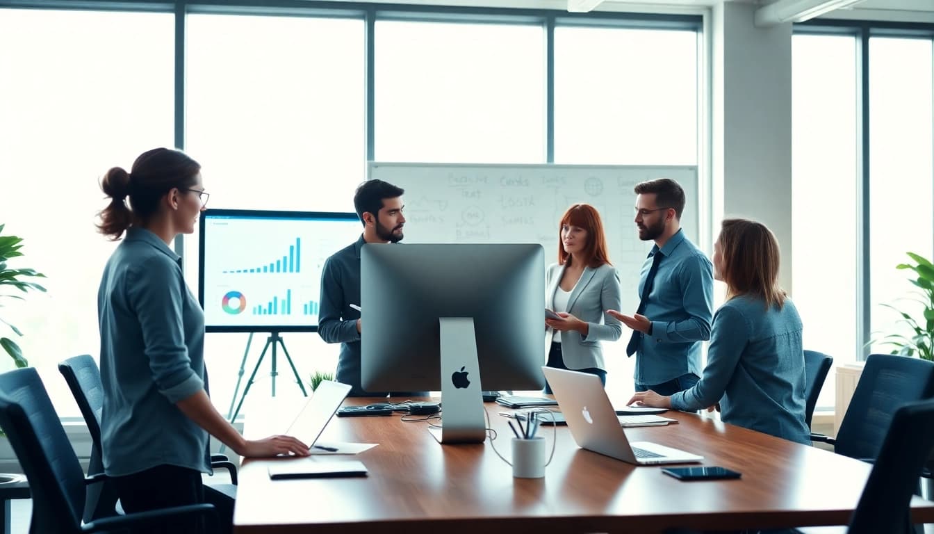 Enhancing Search Engine Optimization Clearwater through team collaboration in a bright office.