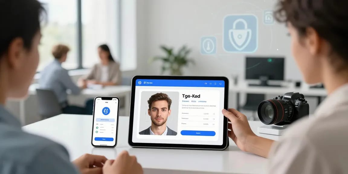 Engaged user utilizing an age verification system on a tablet in an inviting office setting, focusing on privacy and compliance.