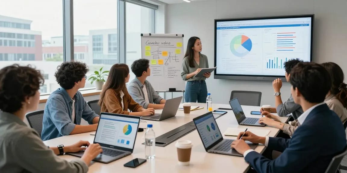 Professionals discussing strategies for targeted social media ads in a bright office setting.