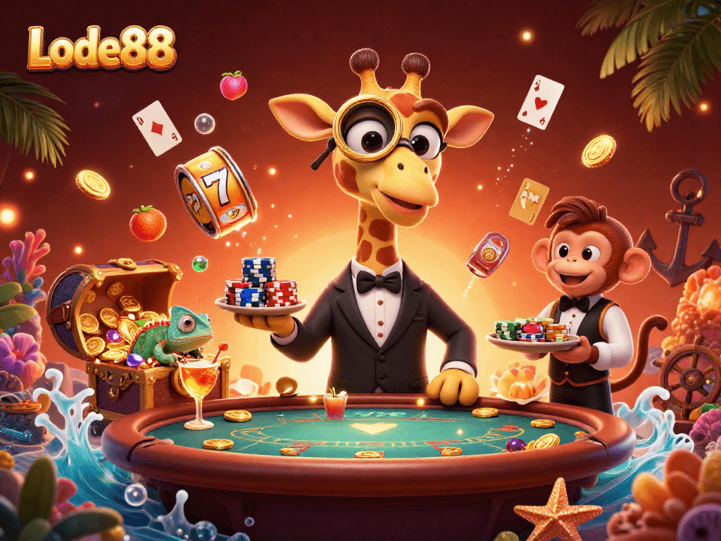 Lode88 brings thrilling poker action with a high-roller giraffe, monkey valet, and chameleon bartender.