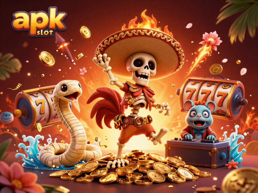 Menangkan jackpot dengan apk slot dan slot reels yang gemerlap dalam ilustrasi kasino yang meriah.