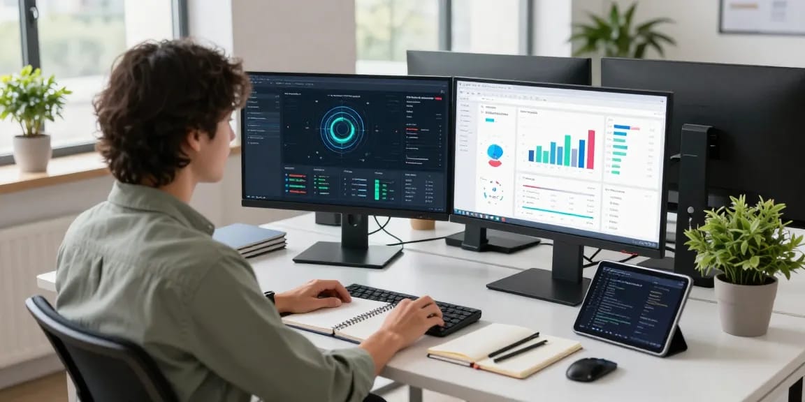 Professional workspace featuring an ai image detector interface on dual monitors, highlighting advanced technology and content moderation analytics.