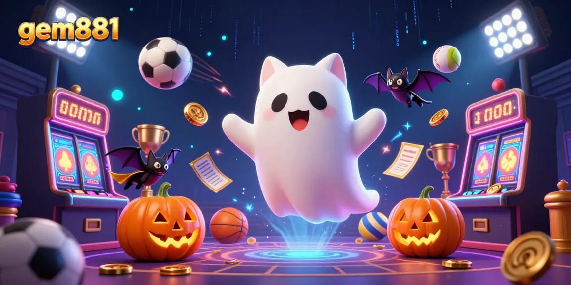 Experience gem881's haunted casino with a friendly ghost cat, spooky elements, and dynamic sports visuals.