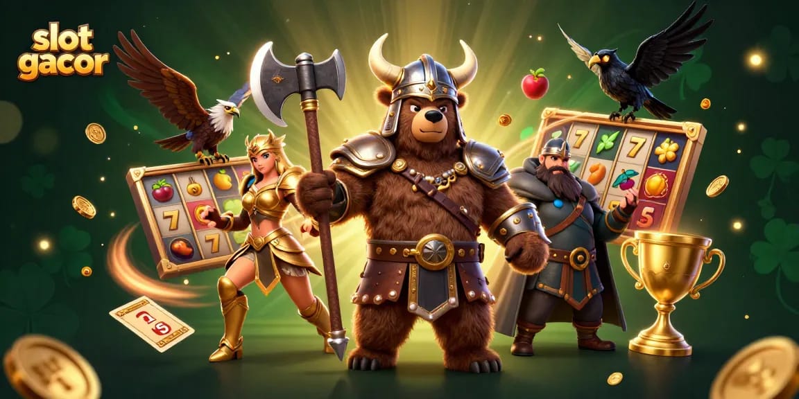 Engage with slot gacor action in a vibrant 3D casino scene featuring wild characters and symbols.