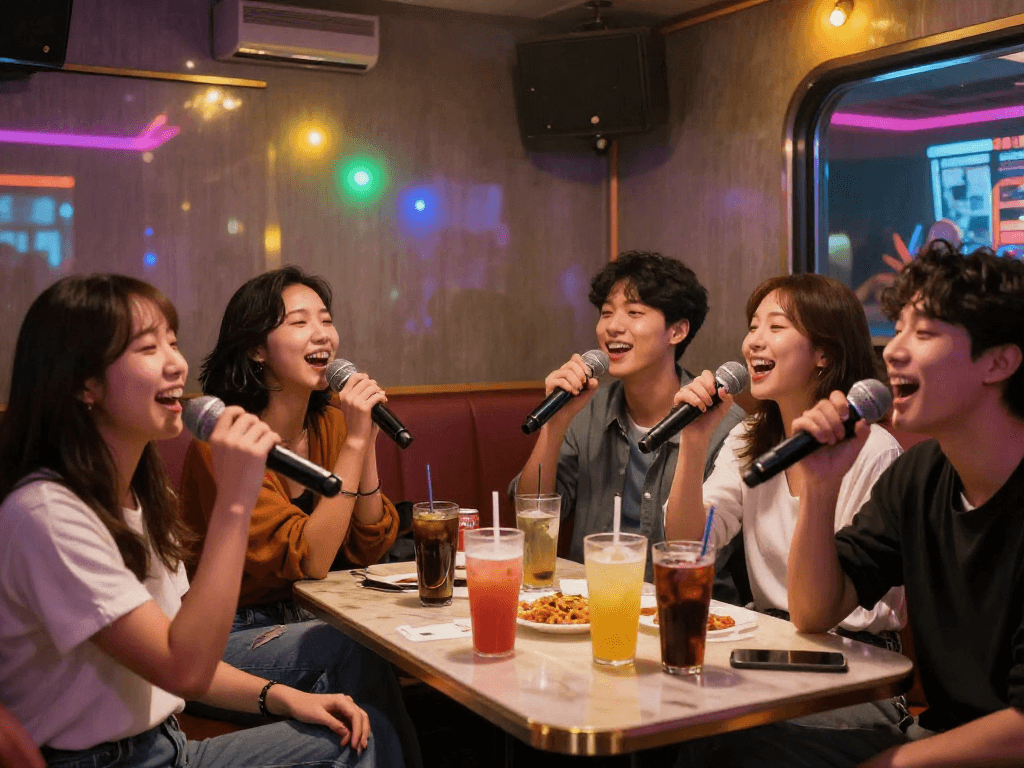 유앤미 가라오케에서 친구들과 즐겁게 노래하는 모습과 아늑한 분위기