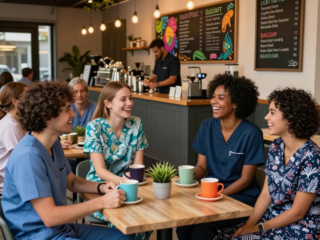 Friends in colorful scrubs enjoying coffee at a café; Scrubs Is Back theme.