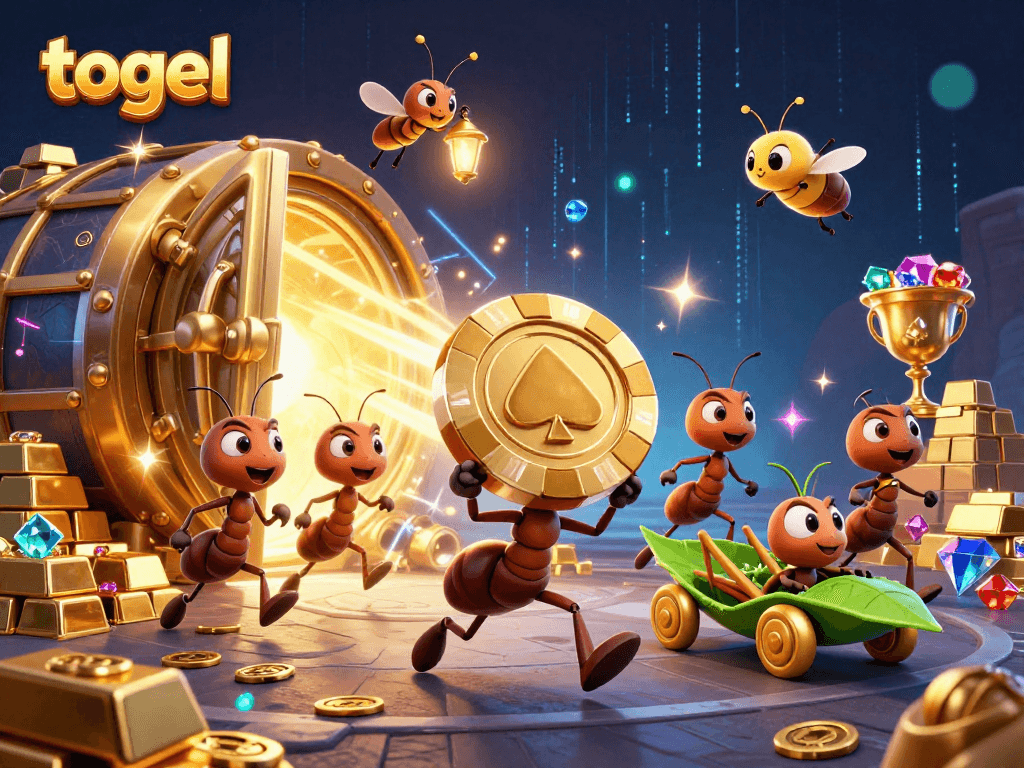 Engaging scene of ants executing a heist with a giant poker chip in a colorful togel-themed casino