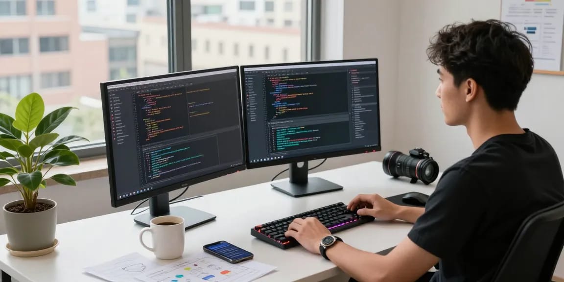 Sketch of a productive software development workspace at telegraimin.com with code on monitors and a modern desk