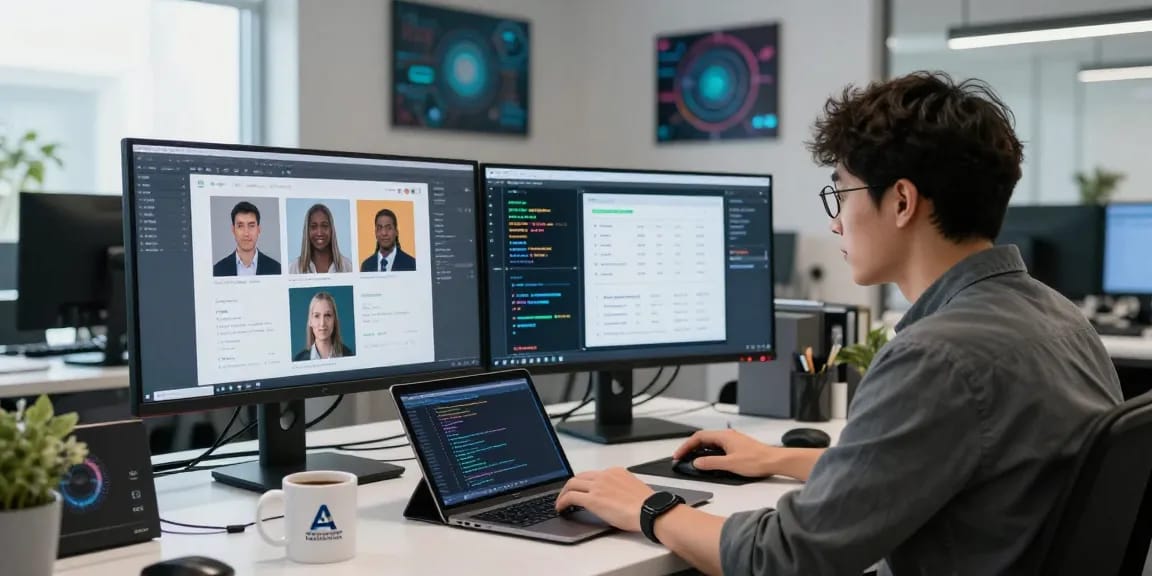 An engaged data scientist using a free AI image detector in a modern workspace, analyzing images on multiple screens.