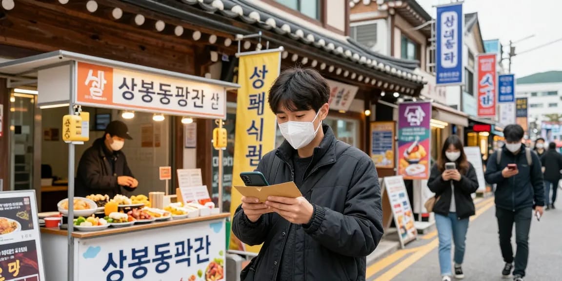 Discover vibrant street life at 상봉동 한국관 with digital interactions and local culture