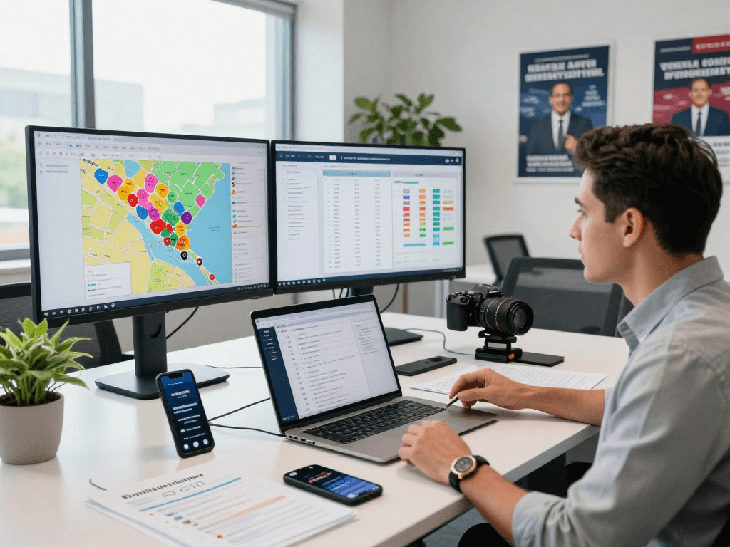 Political texting platform showcased in a vibrant political campaign workspace with data analysis and strategy planning.