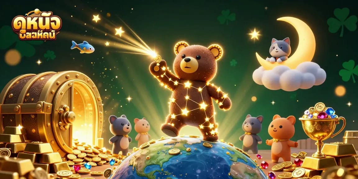 Engage in ดูหนังออนไลน์ with interactive 3D casino elements featuring a gold-collecting bear and sparkling treasures.