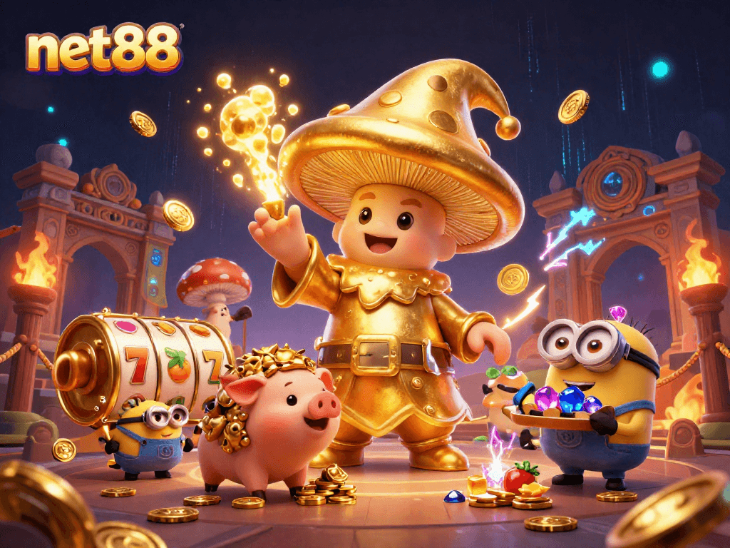 Experience the thrill of net88's dynamic casino world with vibrant elements and characters.