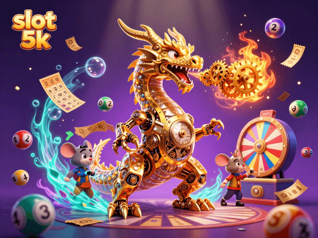 Experience thrilling wins with slot 5k in this dynamic casino illustration showcasing vibrant game elements.
