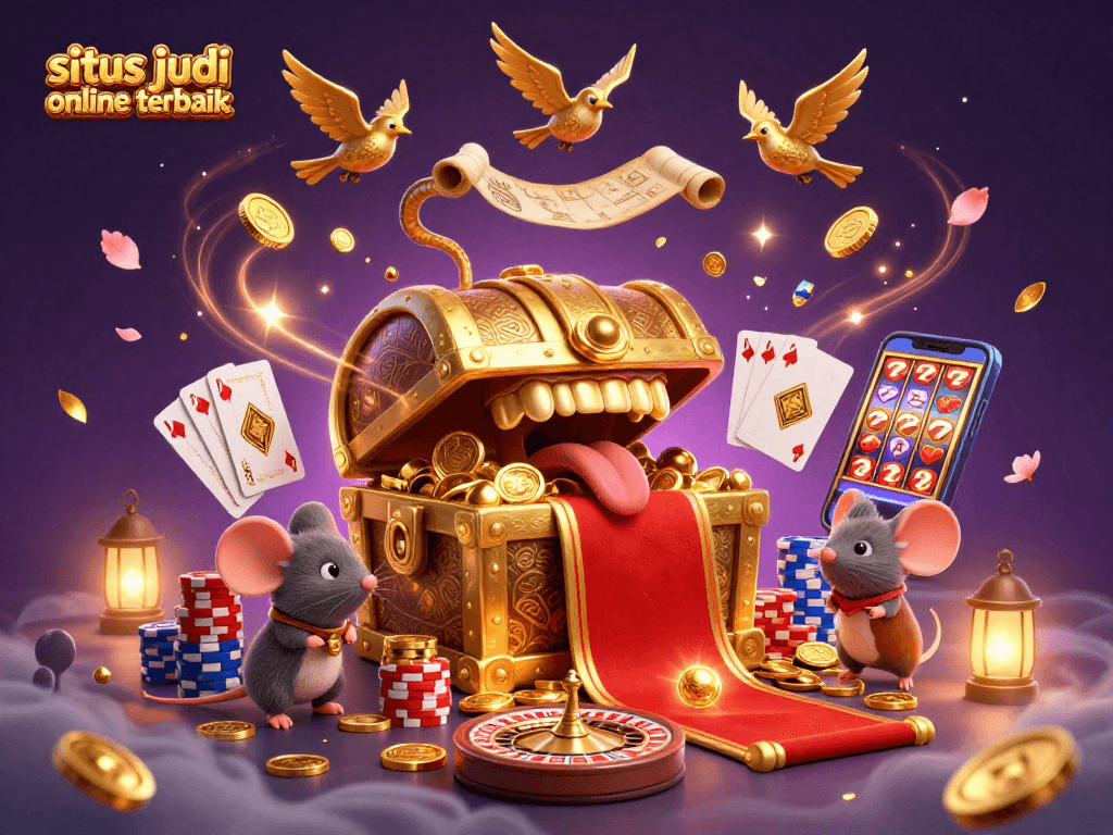 Situs judi online terbaik menghadirkan ilustrasi kasino yang kaya dengan peti harta karun dan karakter menarik lainnya.