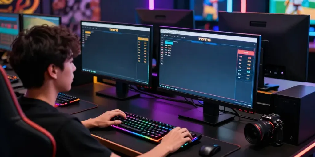 Toto online betting experience with a player at a dynamic gaming setup.