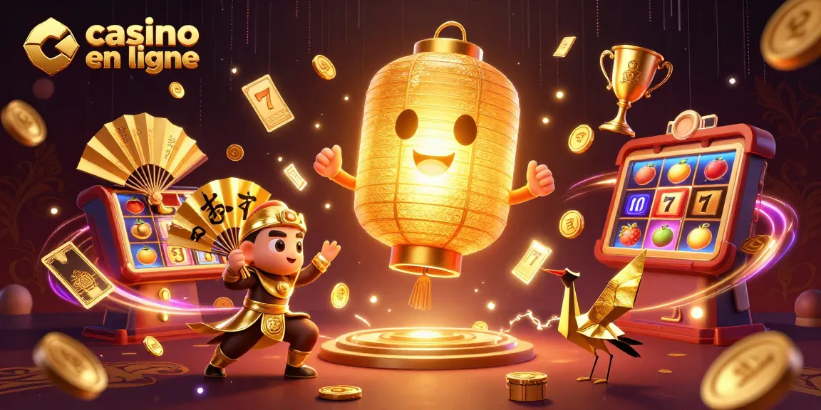 Découvrez le casino en ligne avec des lanternes dorées, des jeux de machines à sous, et des symboles de chance.