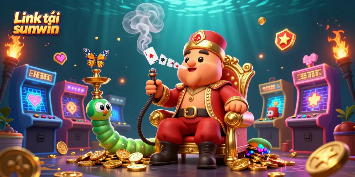 Uncover gaming excitement with Link tải sunwin in this vibrant casino scene featuring a whimsical caterpillar and arcade elements.