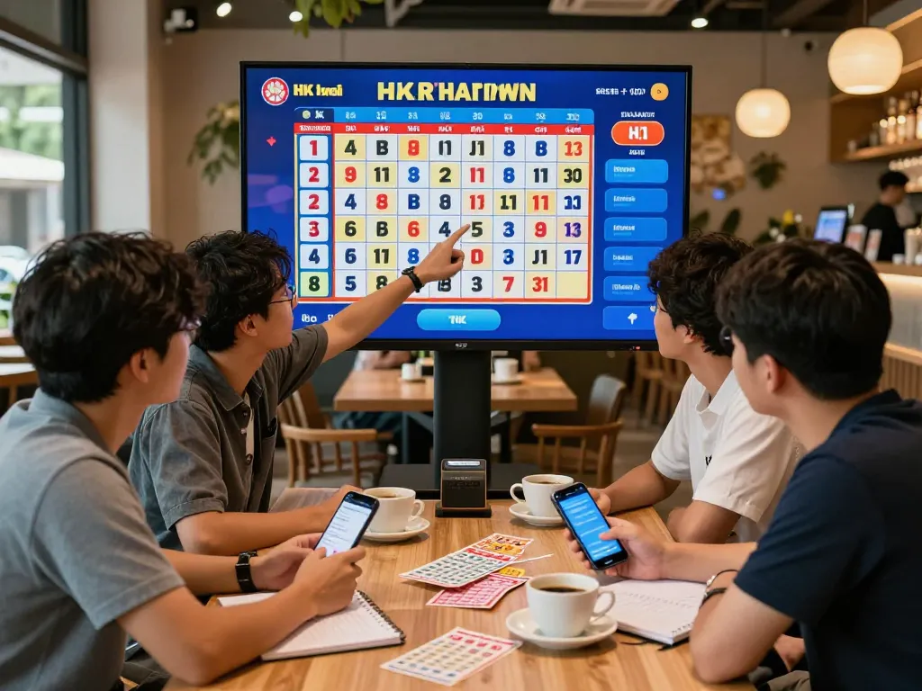 Players discussing HK Hari Ini lottery results at a modern café, with digital lottery display and engaging atmosphere.