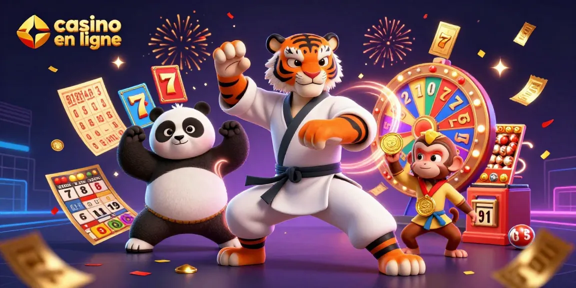 Les personnages animés du casino en ligne profitent de la frénésie des jeux avec les machines à sous, tandis que des confettis tombent.