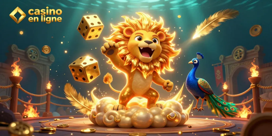 Jouer au casino en ligne avec un lion solaire et des dés dorés, ambiance festive.