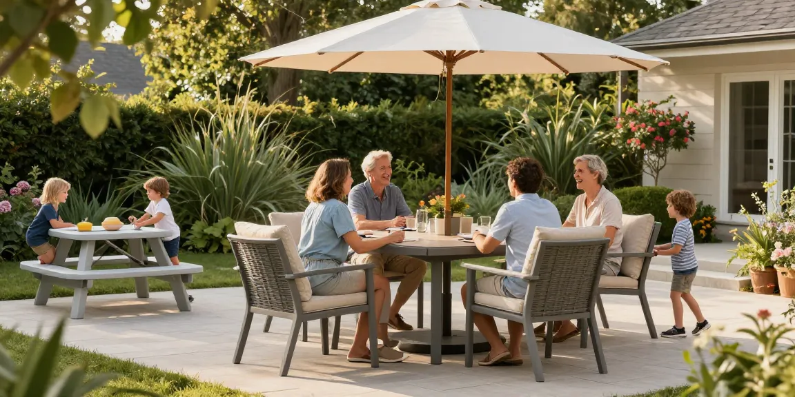 The best patio furniture brands showcased in a vibrant outdoor patio scene with a modern dining set and playful family activities.