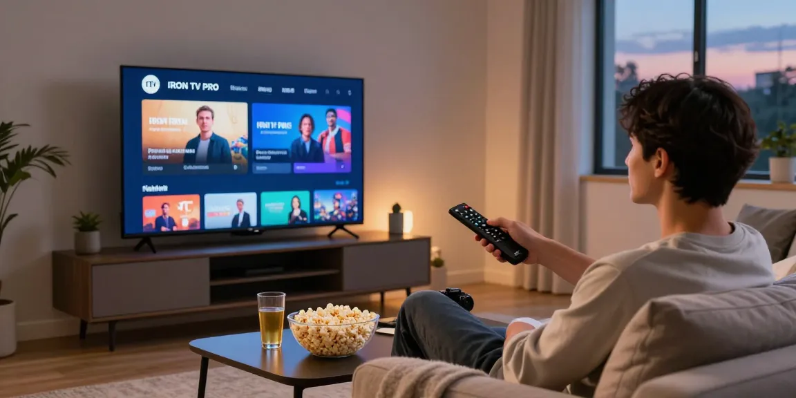 Une personne appréciant IRON TV PRO dans un salon moderne, avec un éclairage ambiant et une TV affichant l'interface.