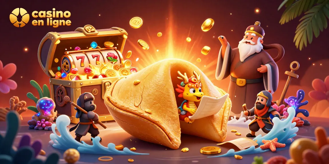 Profitez des jeux passionnants sur casino en ligne avec un dragon sage et un gâteau de fortune doré.