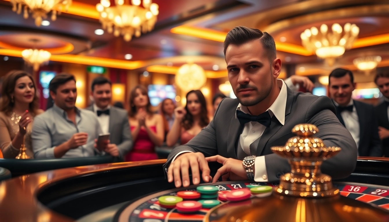 Tikislot daftar dengan dealer berpenampilan stylish di meja roulette, menciptakan suasana kasino yang semarak
