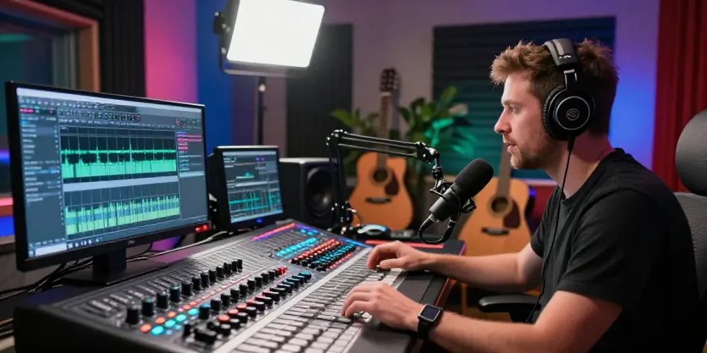 AI podcast transcription pricing in a vibrant professional podcast studio with recording equipment.