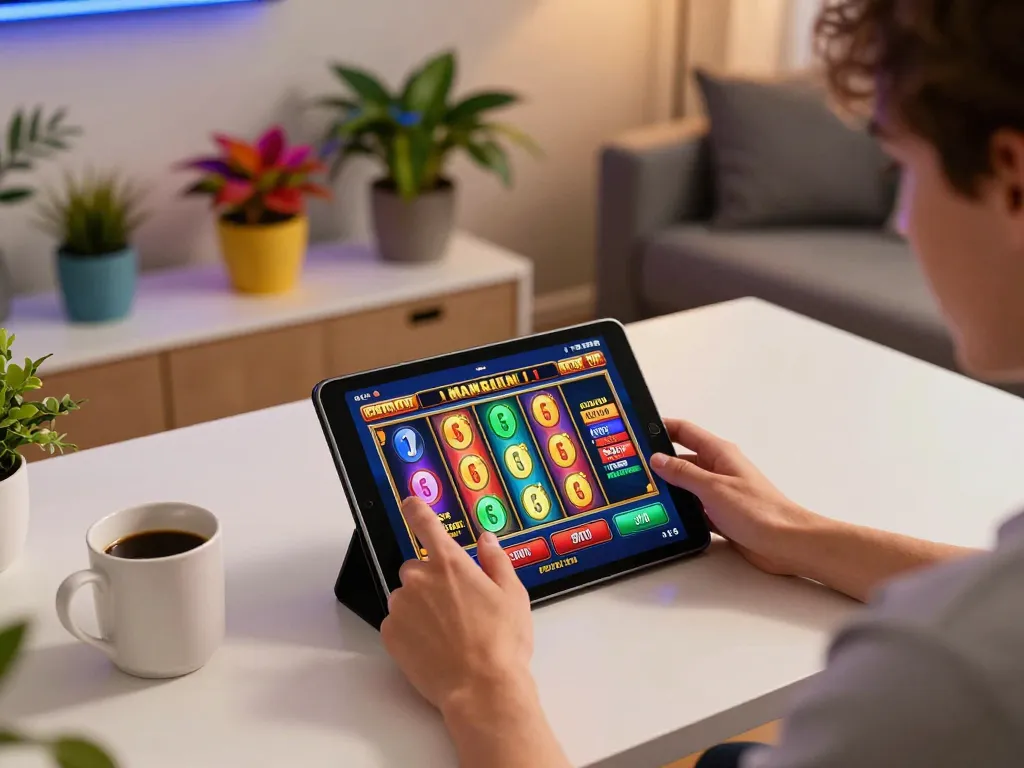 Player using a tablet for online casino gaming at home, showcasing 58wiin's exciting game interface.