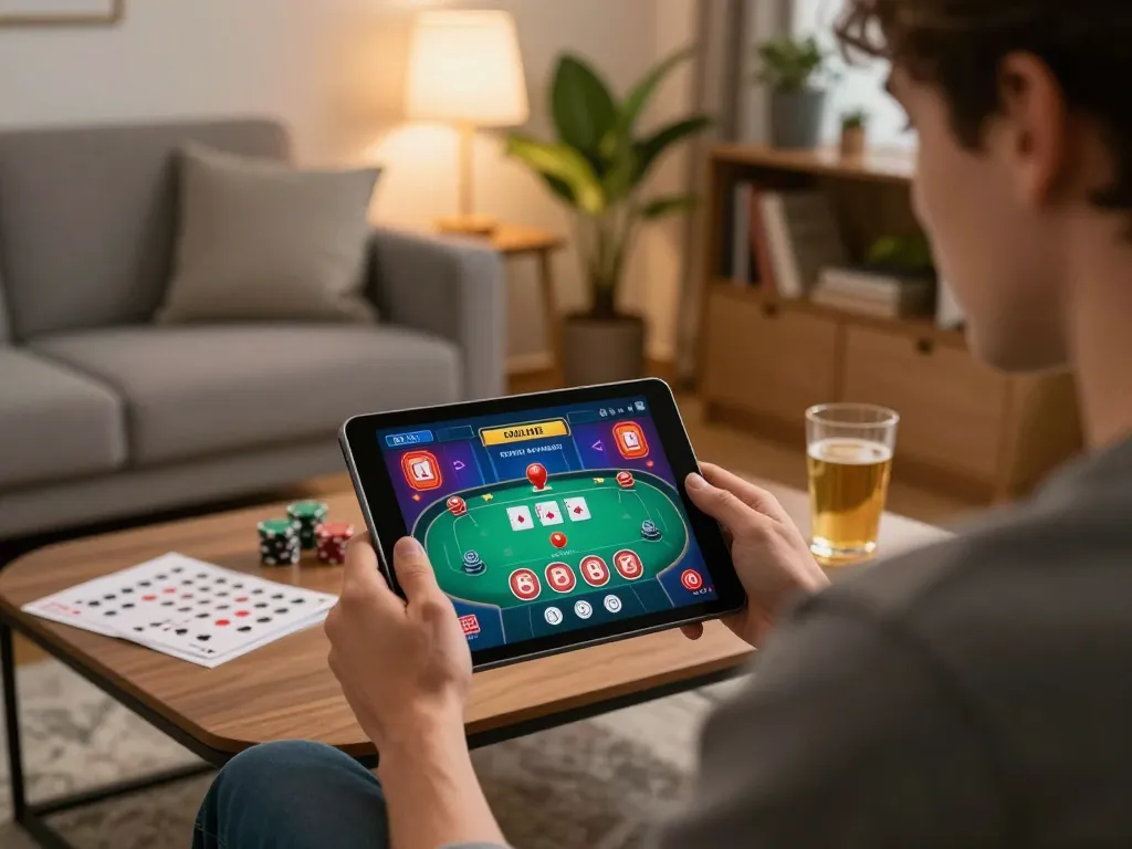 Player using a tablet for online gambling at home, showcasing poker gameplay with 789betgo as a focus.