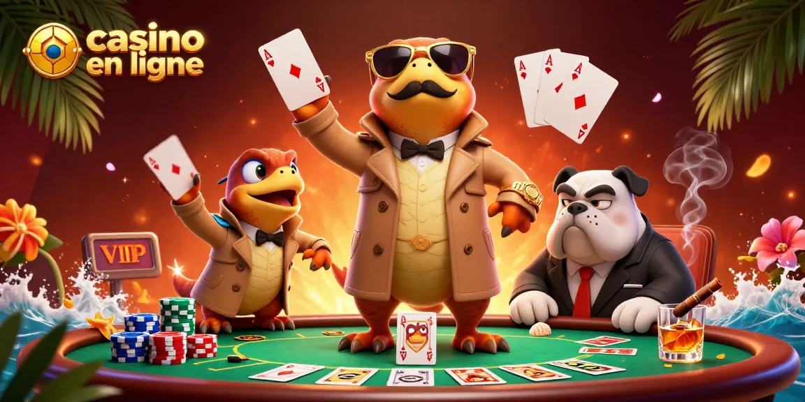 Trois rapaces en trench-coat, déguisés pour entrer dans un casino en ligne, entourés de jetons colorés.