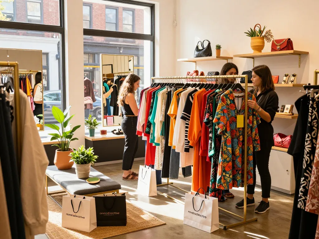 Fashionable shopping scene at revelcollective.myshopify.com with colorful clothing and trendy accessories.