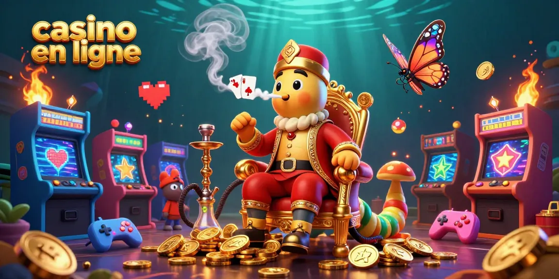 Profitez de jeux au casino en ligne avec une scène riche en symboles, machines et lumières.
