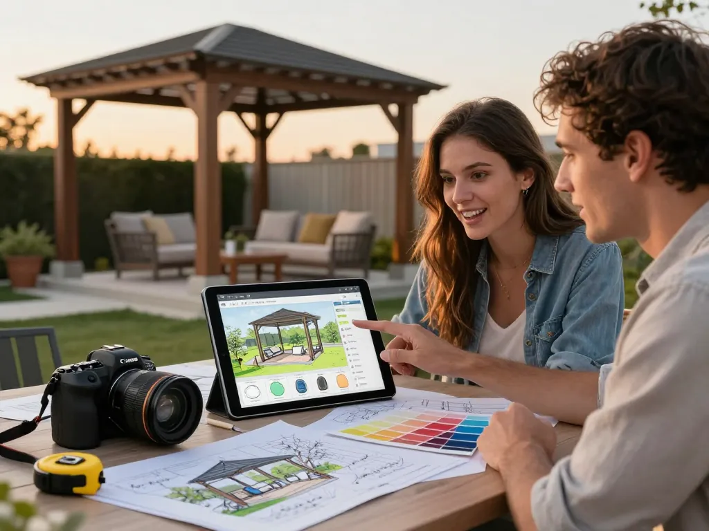 Engaging couple exploring the All-in-One pergola Configurator in a beautiful garden setting, highlighting customization and design options.