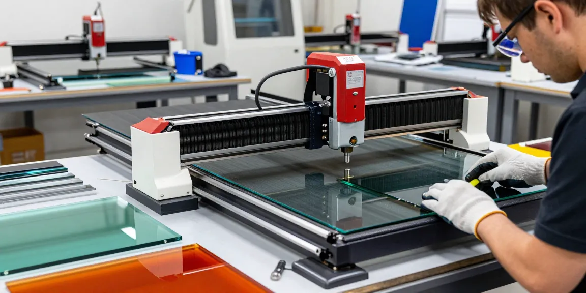 Technician working on a glass cutting table in a modern workshop setting.