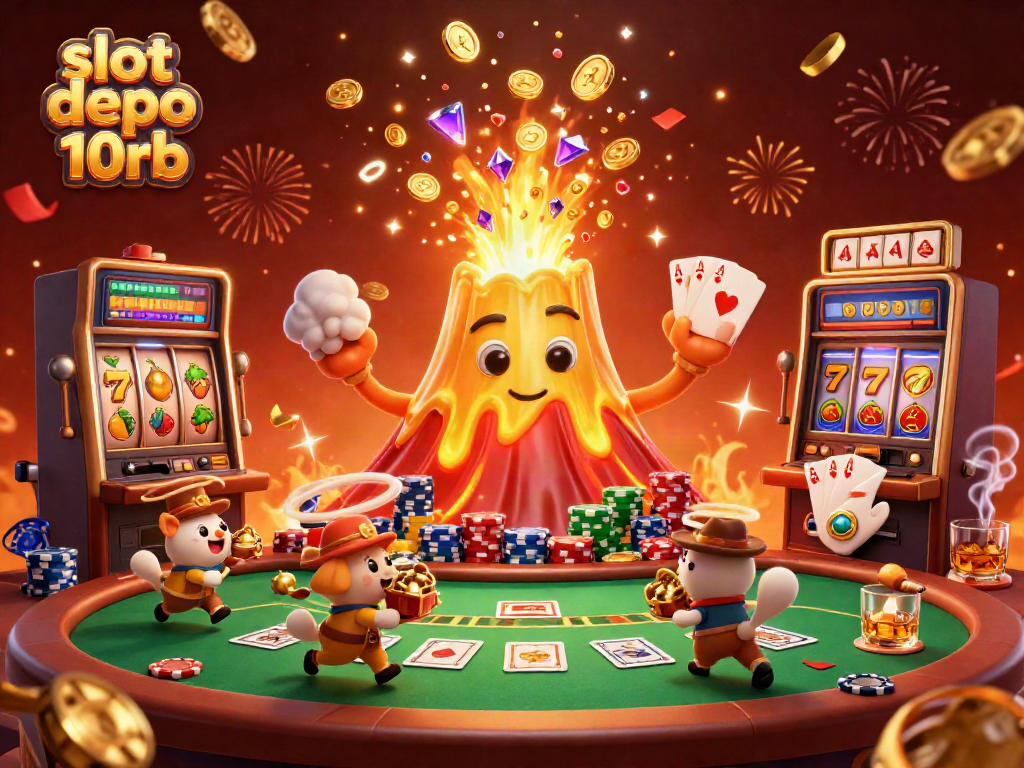 Play thrilling slots at slot depo 10rb, featuring a lively scene of treasure-filled fun and excitement.