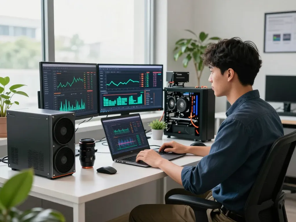 Engaging workspace for online crypto mining with professional monitoring software and mining hardware.