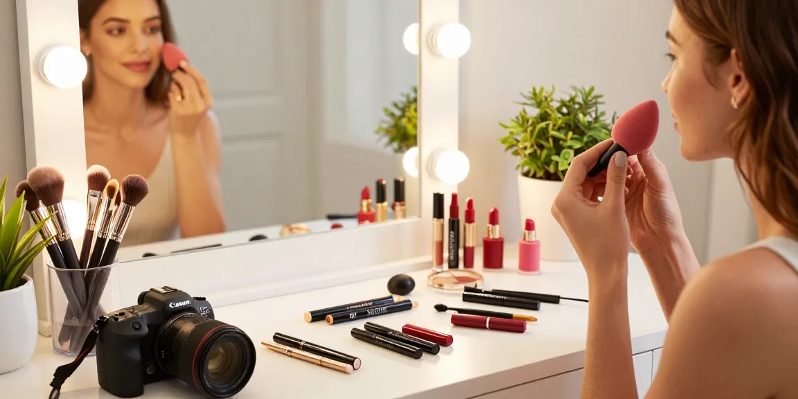 Woman using a silicone beauty blender while applying Skone Cosmetics makeup in a chic vanity setup.